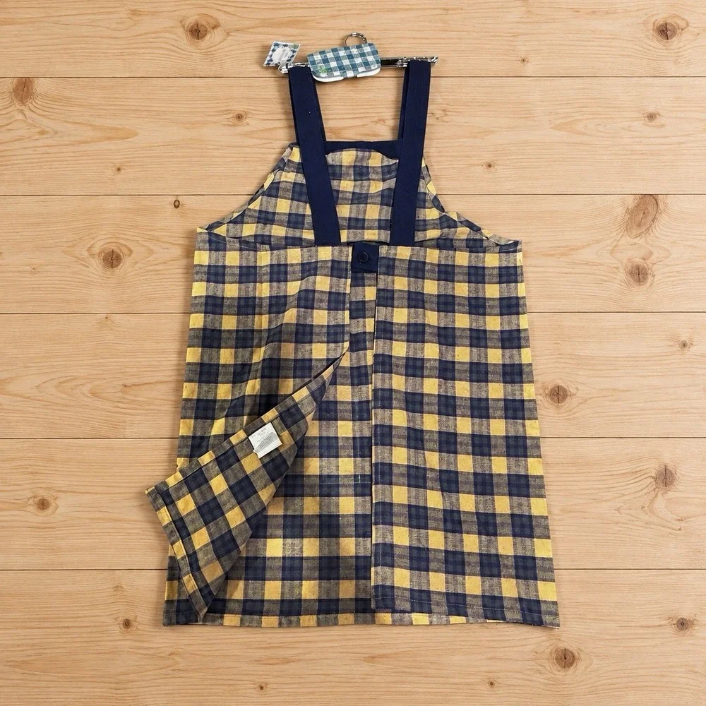 Japanese Apron Navy/Beige Plaid Check Fabric w/ Pocket One Size. [A4]